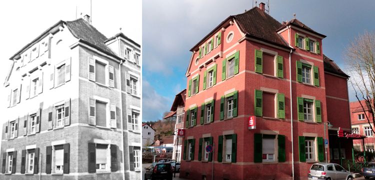 Station 9: Ehemaliges Lehrerwohnhaus. 1914 erbaut als Lehrerwohnhaus, 1959 bis 1985 Rathaus, seit 1986 Sparkasse und Wohnhaus.